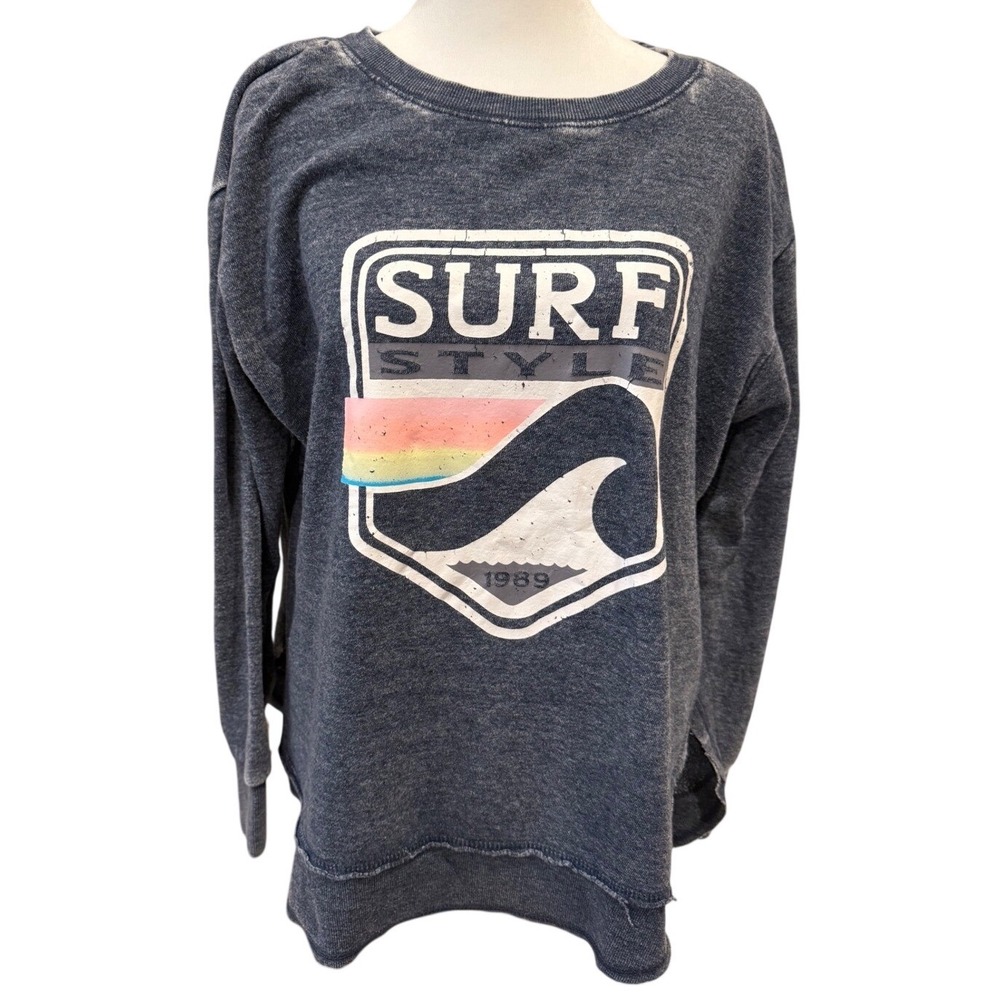 Surf Style 1989 Graphic Sweatshirt Blue Washed High Low Pullover Womens Medium